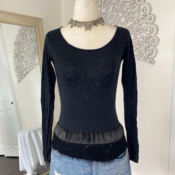 Whimsygoth Soft Grunge Black Silk Cashmere Mohair Textured Long Sleeve Top S - Picture 3 of 7
